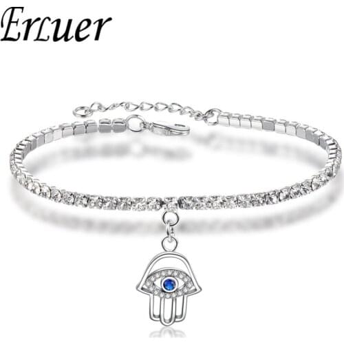 ERLUER Trendy Silver Color New blue eyes Hamsa Hand Adjustable Cubic Zirconia Charm Bracelets For Women Fashion Jewelry gift
