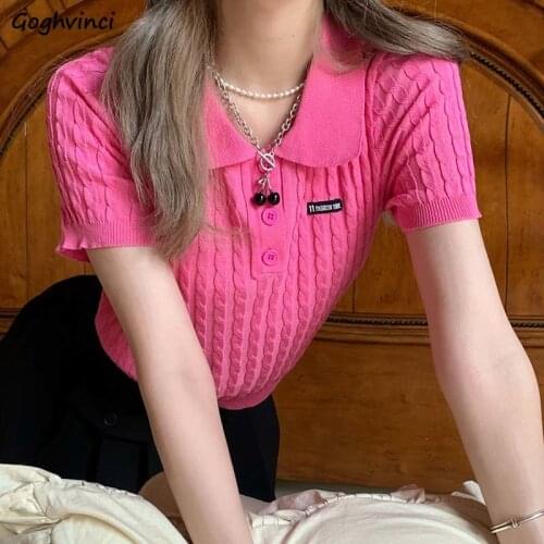 Slim Knitted T-shirts Women Turn-down Collar Button Crop Tops Students Sweet Preppy Short Sleeve T Shirt Girl Casual Outwear Ins