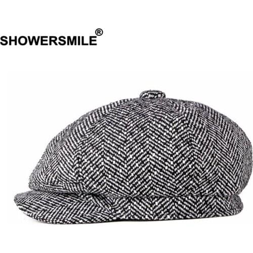 SHOWERSMILE Newsboy Cap for Men Women Cotton Ascot Cap Black White Stiped British Style Casual Octagonal Unisex Flat Cap