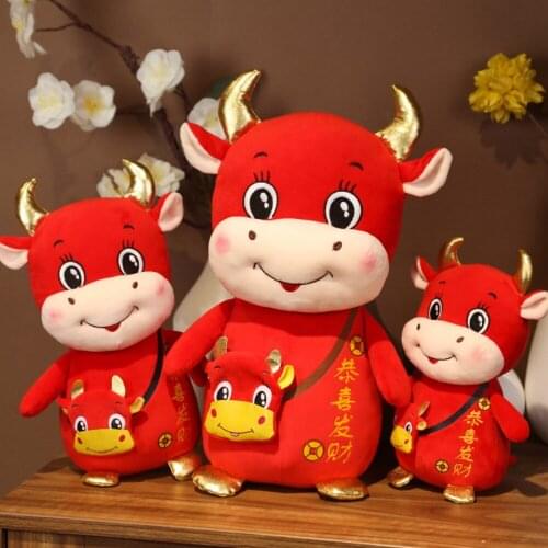 Chinese Zodiac Ox Cattle Plush Toys Pendant Red Cow Mascot Stuffed Doll For Children Girls Birthday New Year Gifts Decoration