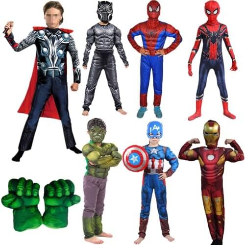 Child Spider-Man/Hulk/Iron Man/Thor Costume Cosplay Kids Avengers Superhero One-Piece Suit Hulk Gloves Props Party