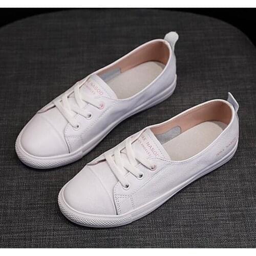 Genuine Leather White Shoes Flats Casual Shoes Sports Sneakers Vulcanized Shoes Women Summer Comfy Shoes Lady Ladies Lace Up
