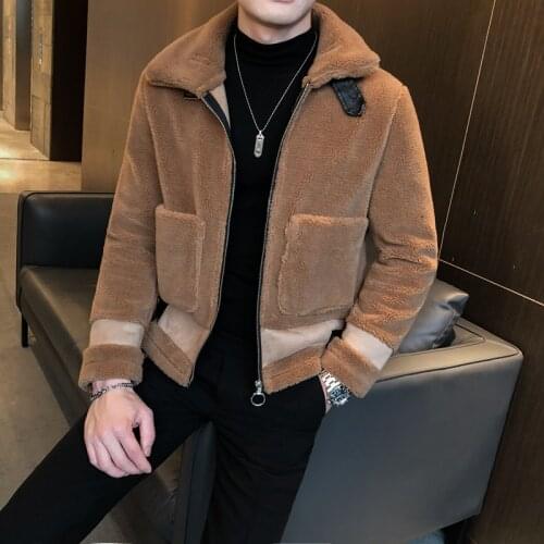 Lambswool Coats for Men Big Pocket Jacket Streetwear Zipper Outwear Casual Thick Warm Winter 2020 Fake Fur Harajuku Coat Tops