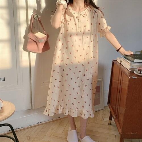 Kawaii Korean Cotton Nightgown Cherry Print Ruffles Soft Sleepwear Loose O-Neck Buttons Short Sleeve Home Clothes Homewear