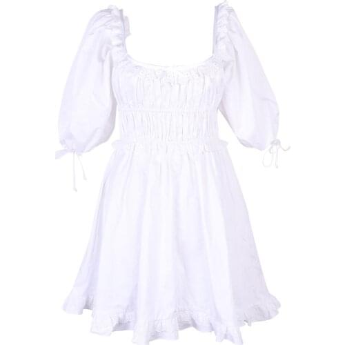 Square Neck Puff Sleeve Sweet Women Cotton Mini Dress Lace Spliced Smocked Lady Short Dress