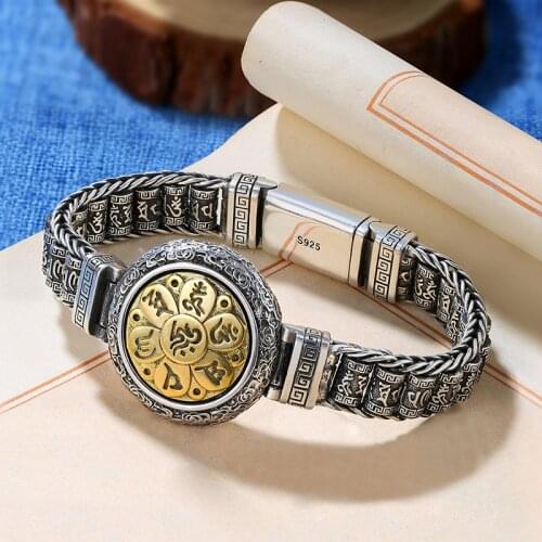 Chinese Style Retro Creative Six-character Mantra Revolving Transfer Silver Mens Bracelet Wild Fashion Trendy Personality