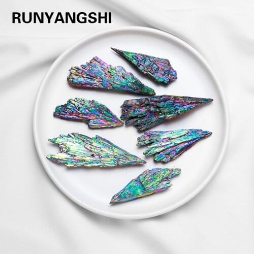 1PC Natural Jet stone Electroplating seven rainbow flame Black tourmaline feather shape Mineral collection specimens