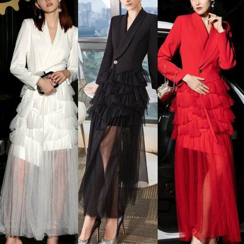 CWBshowGG Autumn And Winter New Notched Collar Jacket Slim Long Sleeve Pleated Mesh Patchwork Fashion Elegant Coat Outerwear