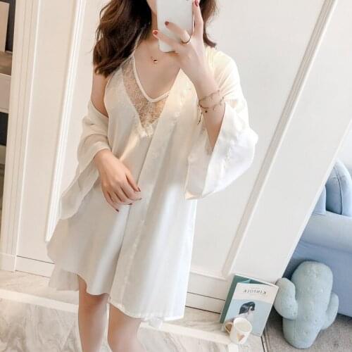 2019 NEW Sexy Lace Trim Long Sleeve Home Dress Sleepwear Nightgown Kimono Bathrobe Suit Bride Bridesmaid Wedding Robe Set