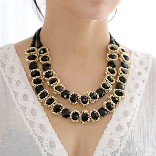 HAHA&TOTO New Summer Womens Double Layers Crystal Beads with Gold Chains Statement Chokers Necklace Chains Pendant Bijoux