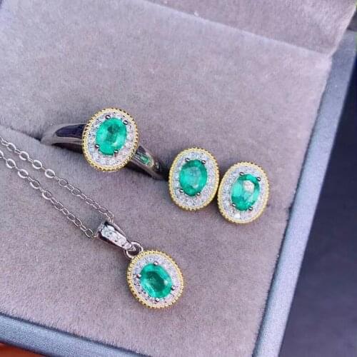 The Best Wedding Gift Natural Real Emerald Set 925 Sterling Silver 1pc Emerald Ring,2pcs Emerald Earring,1pc Emerald Pendant