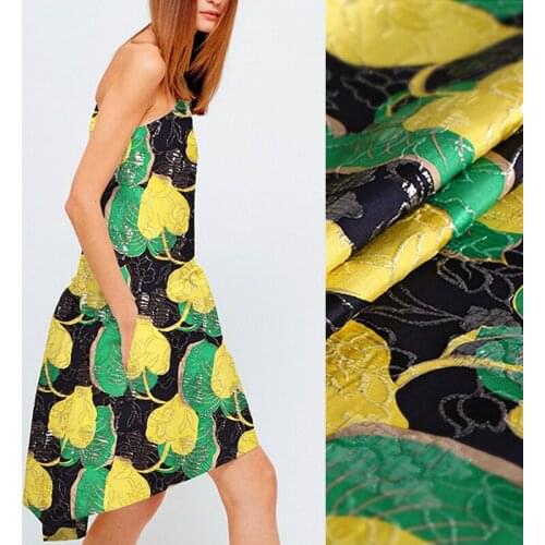 104CM Wide 16MM Green Yellow Leaves Jacquard Silk Cotton Acrylic Brocade Fabric for Spring Autumn Dress Jacket E1388