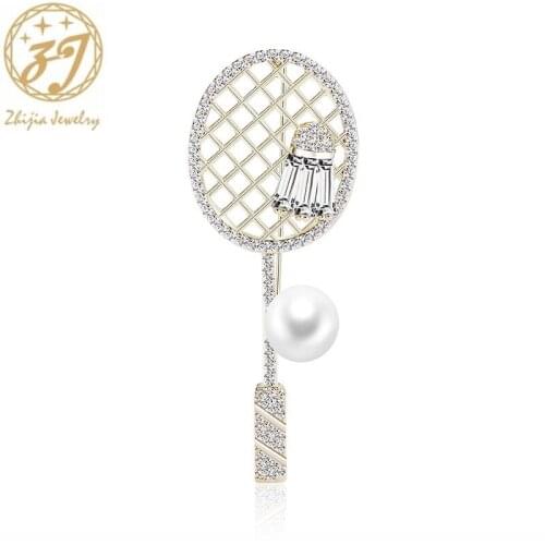 Zhijia Sport Delicate Design Style Crystal Rhinestone Pearl Badminton Racket And Ball Pins Brooches For Men Women Sport Gifts