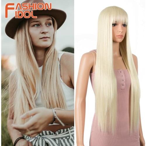 Light Blonde Lolita Wigs With Bangs Style Cosplay Long Straight Hair 32 Inches Synthetic Anime Wig For White Women FASHION IDOL