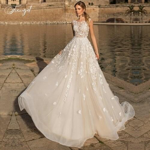 Traugel O Neck A Line Lace Wedding Dresses Applique Sleeveless Button Bride Dresses Court Train Wedding Gown for Bride Plus Size