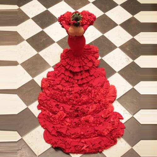 Gorgeous Red Tulle Tiered Bridal Wedding Dress Long Train Flare Sleeves Sexy Backless Beaded 3D Flowers Mermaid Wedding Gowns