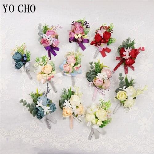 YO CHO Wedding Boutonniere Silk Rose Flower Party Prom Girl Wrist Corsage Flower Boutonniere Bridesmaid Corsage Wedding Supplies