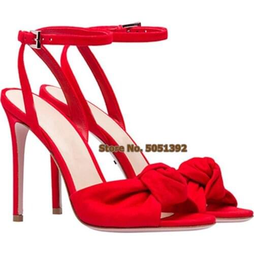 Women High Thin Heel Bowtie Sandals Suede Peep Toe Butterfly-knot Stiletto Heel Buckle Strap Party Banquet Shoes Plus Size