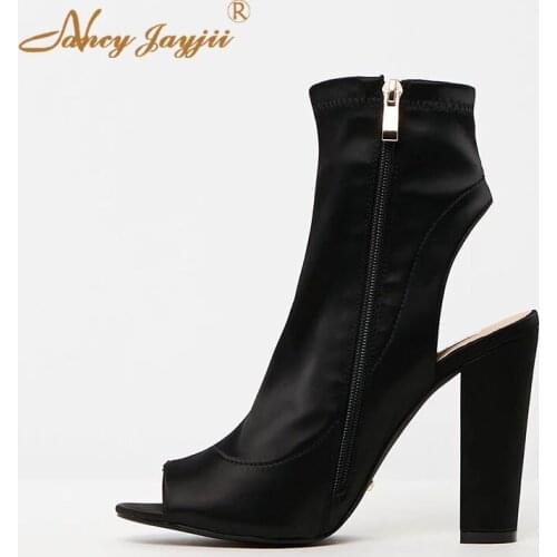 Women Adult Boots Black Solid Satin Ankle zipper Peep Toe Super High Square heels Sexy Mature Concise Nancyjayjii Fashion 2019