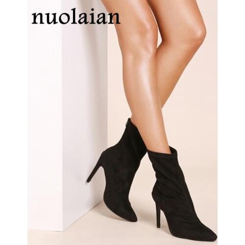 Womens Boots Pointed Toe Elastic Socks Ankle Boots Ladies 10.5CM High Heels Shoes Faux Suede Winter Shoes Woman Black botas