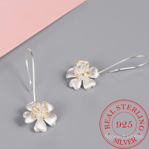 925 Sterling Silver Long Flower Earrings For Women Lovely Girls Gift Statement Jewelry Pendientes Plata 925