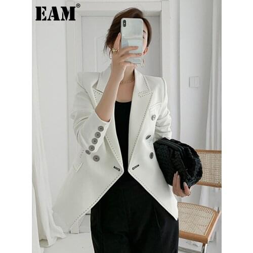 [EAM] Women White Line Split Irregular Blazer New Lapel Long Sleeve Loose Fit Jacket Fashion Tide Spring Autumn 2021 1Z409