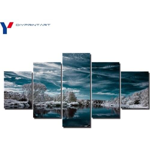 Winter Sky Lake Reflection 5 Pieces Landscape Print Poster Paintings for Living Room Decoration A0533