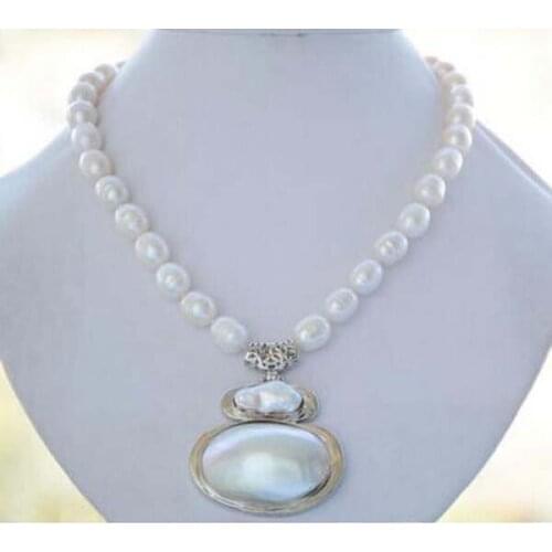 11--12mm NATURE WHITE RICE freshwater pearl NECKLACE MABE PENDANT 17inch 5.5