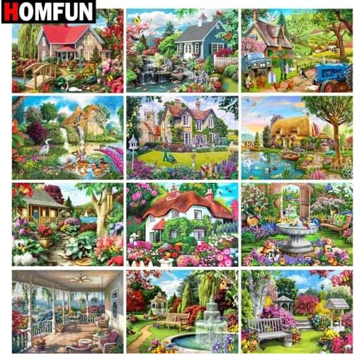 HOMFUN Diy 5d Diamond Painting "Garden house scenery" Cross Stitch Square Round Diamond Embroidery Handwork Rhinestone Art