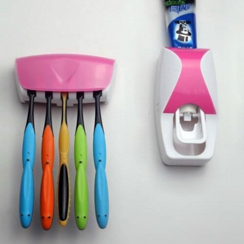 Fashion Home Bathroom Automatic Toothpaste Dispenser + 5pcs Toothbrush Holder Set Family Set Wall Mount Rack Bath Oral