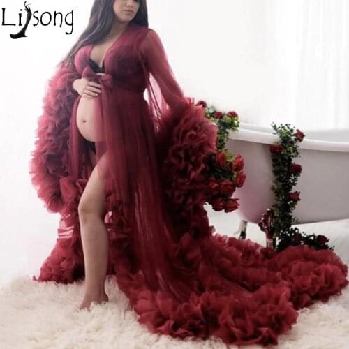 Burgundy Lush Tulle Robe Maternity Dress Long Puffy Sleeves Ruffled See Through Bridal Dresses Photo Shoot or Baby Shower