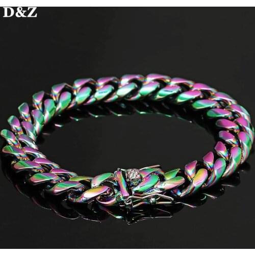 D&Z 12mm Stainless Steel Cuban Link Bracelet Rainbow Color Miami Cuban Bracelet 8inch For Men Women Gift Hip Hop Jewelry