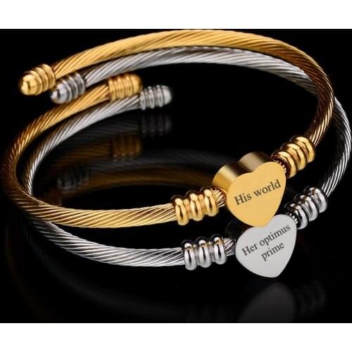 Fashion Personalized High Quality Stainless Steel Adjustable Cuff Bracelet Women Men Custom Name Letters Charm Heart Open Bangle