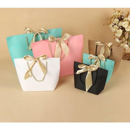 5Pcs/Pack Favor Bow Ribbon Gift Bag Recyclable DIY Paper Bags For Clothes Wedding Birthday Party With Handles Celebration Decor