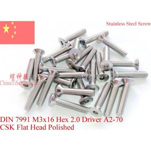 DIN 7991 Stainless Steel screws M3x16 Flat Head Hex Driver A2-70 Polished ROHS 100 pcs