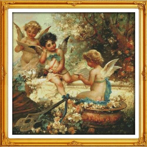 Joy Sunday Cherubs In The Garden Counted Cross Stitch Kit DMC 14CT Stitch Character Pattern Embroidery Needlework Set Home Decor