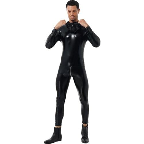 Men Latex Catsuit Wet Look Shiny Patent Leather Hooded Bodysuit Zipper Skinny Jumpsuits Nightclub Halloween Role Play Costumes
