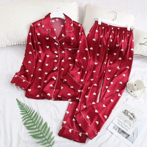 Burgundy Women 2PC Pajamas Set Satin Heart Print Nightwear Long Sleeve Sleepwear Shirt&Pant Sleepwear Autumn Home Clothes