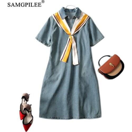 Summer Clothes Of Women 2021 New Casual Silk Scarf Stitching Lapel Denim A-line Short-sleeved Korean Style Dress Woman Plus Size