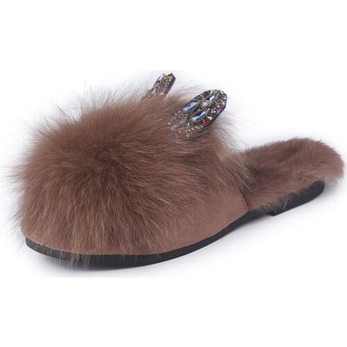 Fashion fur slippers female 2018 autumn and winter new real hair color rhinestone rabbit ears flat wear womens slippers