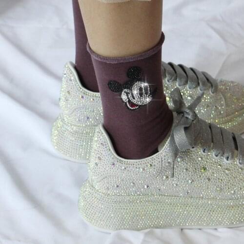 1 Pair Fashion Mickey women socks Creativity BLING Rhinestone socks cute socks cartoon funny socks harajuku white socks long