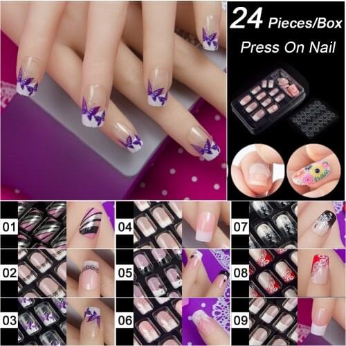 Nail Set With Nail Adhesive 24 PCS In A Box False Nail Art Tips Full Cover Square Fake Nail Tips For Wedding Party Manicure