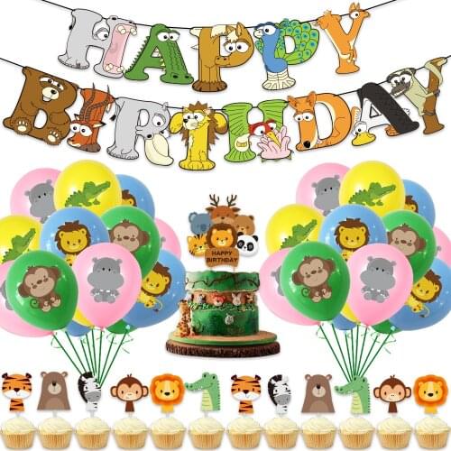 Woodland Birthday Party Banner Balloons Set Monkey Kids Lion Theme One 1st Birthday Party Forest Animals Boy Birthday Party Dec