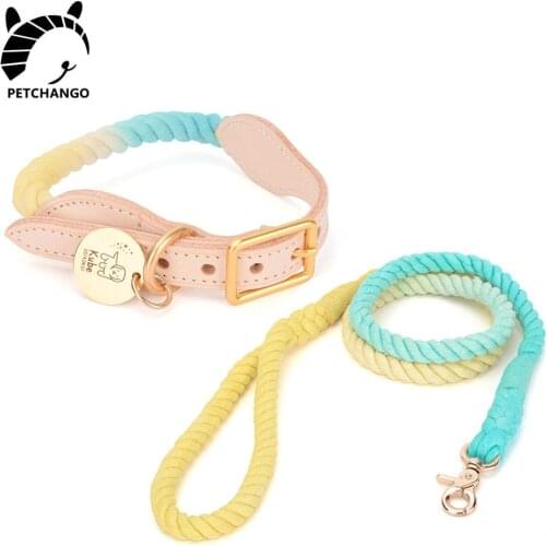 Rope Genuine Leather Dog Collar Cotton & Leather Dog Collar Leash Set Basic Collars Puppy Small Large Dogs Pet Dog Accessories