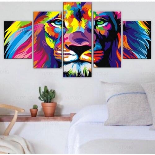 Posters and Prints Wall Art Painting on Canvas Wall Decor 5 Panels Abstract Watercolor Lion Pictures for Living Room Framed
