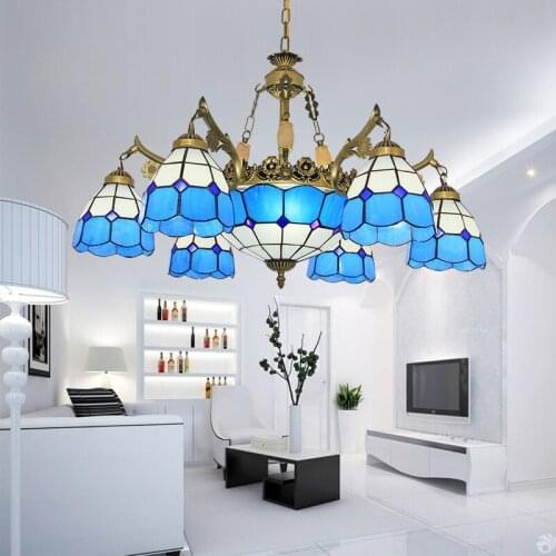 Blue tiffany 6 light antique bronze chandelier bohemian murano lighting fixture for dining room kitchen living room, lobby hall