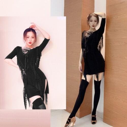 Latin Dance Practice Costumes Female Retro Knitted Fringed Dress Professional Latin Competition Performance Stage Dress DQL3238