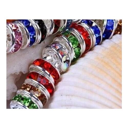 Tyh23 10mm Mixed Color Lot Crystal Rhinestone Rondelle Spacer Silver Plated mental Loose Beads Fit Charm Bracelet
