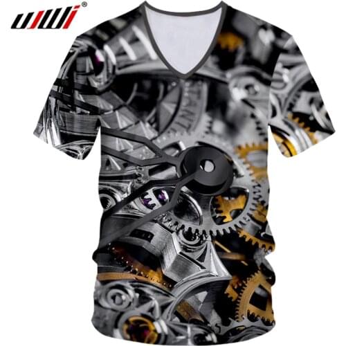 UJWI New Cool Men 3D T-shirts Machine Gear Printing Tops V-neck Summer Short Sleeve Casual t shirt Car Engine Machine Tshirts