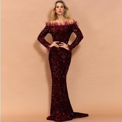 Dramatic Sequined Boat Neck Sweep Train Trumpetgown Floor-Length Feather Wine Red Long Sleeves Open Back Formal Dress Evening